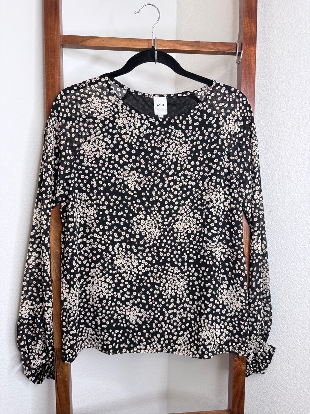 ICHI Black Floral Long Sleeve Blouse Top Size 36 Small